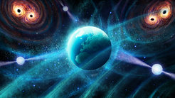 Eine künstlerische Darstellung der Erde im Zentrum eines Netzwerks aus Gravitationswellen, die von Pulsaren ausgesendet werden. Im Hintergrund sind zwei Paare verschmelzender schwarzer Löcher zu sehen, die starke Wellen in der Raumzeit erzeugen. Ein leuchtendes, bläuliches Farbschema unterstreicht die kosmische Szenerie.