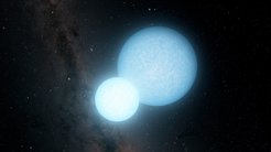 Binary systems of white dwarfs, as shown here in an artist's rendering, are one of the main sources from which the planned space observatory LISA will detect gravitational waves.