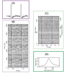 For each pulsar candidate, Zooniverse volunteers will look at a set of four plots like the one shown here. A short tutorial will teach them how to distinguish a pulsar (as in this example) from terrestrial disturbances or random noise.