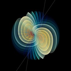 Visualization of the gravitational waves emitted in a high-speed encounter of two black holes.