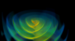 Fig. 8: Volume rendering of the gravitational wave together with density of the two neutron stars (center).
