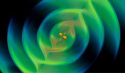 Numerical simulation of two merging neutron stars. Visible are the high-density cores of the two merging neutron stars and the gravitational waves that are generated during the merger.