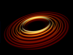 Visualization of gravitational waves emitted by the merger of two neutron stars to a black hole. The amplitude of the gravitational waves in the orbital plane of the binary system is shown as a deformation of a plane, similar to ripples in a pond.
