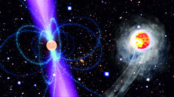 In the binary system, the pulsar and its companion star orbit the the common center of mass in only 4.6 hours. The companion is heated on one side by the pulsar's radiation (magenta) and is slowly evaporated. The binary system and the companion are to scale, the pulsar has been magnified.