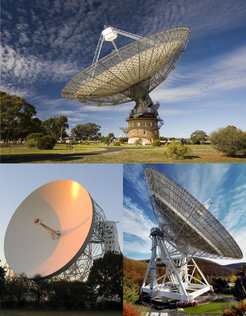 The three radio telescopes used to discover, confirm, and study the 24 pulsars found by Einstein@Home. Top: CSIRO's Parkes radio telescope. Bottom left: the Lovell Telescope at Jodrell Bank Observatory. Bottom right: the Effelsberg 100-m Radio Telescope.