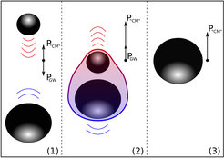 Fig. 1: Kicking about in space: Researchers have modelled the collision of black holes (1). Thereby it was shown that the newly created black hole is initially deformed (2). To smooth this asymmetry and achieve the energetically more favourable spherical shape, more momentum is radiated upwards: this "anti-kick" decelerates the black hole slightly - it now continues to move with reduced speed (3).