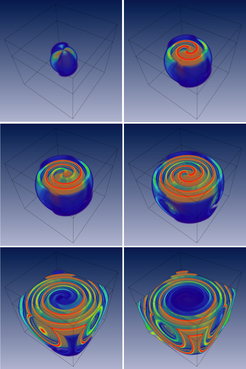 Visualization showing the emission of gravitational waves following the merger of two black holes with a combined mass of 35 solar masses. The gravitational wave, which propagates at the speed of light, has the structure of convoluted spherical shells. Of the cubic region of space simulated, only the lower half is shown; this way, the spiral structure of the gravitational waves in the central plane is clearly visible. The gravitational wave data was obtained in the course of the Lazarus project. In this project, the results of a three-dimensional numerical simulation of a black-hole merger were used as initial data for a calculation involving a suitable approximation method. In this way, the researchers were able to follow the evolution of the merger for a far longer time than with a three-dimensional simulation alone – such simulations tend to become unstable and break down as the strong gravitational attraction behind the black hole horizon asserts itself.