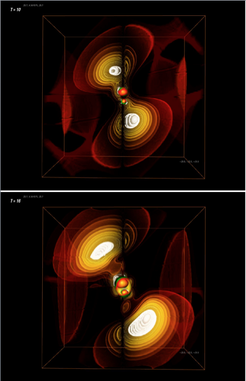 Visualisation of two colliding black holes, now also shown with gravitational waves generated by the merger process, displayed in colors from white (maximum of intensity) to red.