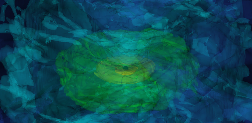 Computational Relativistic Astrophysics An abstract composition of swirling colors, predominantly green and blue, creating a vortex-like effect in the center, surrounded by darker shades.