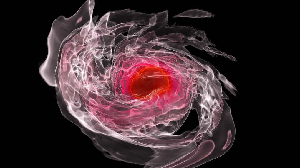 Numerical relativity simulation of two inspiraling and merging neutron stars. Higher densities are shown in red, lower densities are shown in pink.