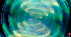 Numerisch-relativistische Simulation zweier einander umkreisender und verschmelzender Neutronensterne. Dargestellt sind die beiden Neutronensterne und die bei der Verschmelzung abgestrahlten Gravitationswellen.
