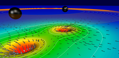 Die zwei vom LIGO-Detektor entdeckten Schwarzen Löcher auf ihren letzten Umkreisungen bevor sie kollidieren (Computersimulation). Die obere Hälfte des Bildes zeigt die beiden Schwarzen Löcher und ihre vorherigen Umdrehungen. In der unteren Hälfte ist dargestellt, wie die starke Gravitation der Schwarzen Löcher die Raumzeit krümmt.