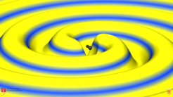 Bild aus einer numerischen Simulation des Gravitationswellen-Ereignisses GW170104, das durch die Verschmelzung zweier schwarzer Löcher erzeugt wurde. Die Stärke der Gravitationswelle wird sowohl durch die Höhe als auch die Farbe angezeigt, wobei blau schwache Felder und das gelb starke Felder anzeigt. Die Schwarzen Löcher wurden um den Faktor 2 vergrößert, um die Sichtbarkeit zu verbessern.