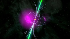 Ein Pulsar ist ein kompakter Neutronenstern, der in seinem extrem starken Magnetfeld geladene Teilchen auf relativistische Geschwindigkeiten beschleunigt. Dabei entsteht unter anderem Gammastrahlung (violett) weit über der Oberfläche des kompakten Sternrests, während Radiowellen (grün) kegelförmig über den Magnetpolen ausgesendet werden. Die Rotation schwenkt die Abstrahlungsgebiete über die irdische Sichtlinie und lässt den Pulsar so periodisch am Himmel aufleuchten.
