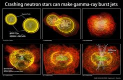 Abb. 1: Zwei Neutronensterne verschmelzen innerhalb von Millisekunden zu einem Schwarzen Loch. Dabei bildet sich ein starkes Magnetfeld entlang der Rotationsachse und erzeugt einen Jet, der ultraheiße Materie ins All schleudert. In diesem Jet können Blitze im Gammalicht entstehen.