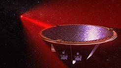 Abb. 3: Künstlerische Darstellung eines LISA-Satelliten mit Laserstrahl: Die LISA-Mission besteht aus einem "Mutter"- und zwei "Tochter"-Satelliten, die die Sonne in einer Dreieckskonfiguration umkreisen. Die drei Satelliten fliegen 1 Mio. km voneinander entfernt. Sie sind durch Laserstrahlen verbunden, die die Arme eines hochpräzisen Laserinterferometers bilden. Dieses Interferometer erfasst Gravitationswellen, indem es die Abstandsänderungen zwischen frei fallenden Testmassen im Inneren der Satelliten überwacht.
