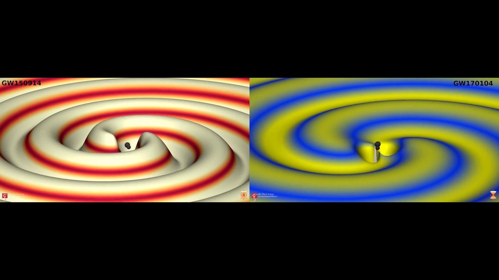 Das Video vergleicht die beiden Gravitationswellenereignisse GW150914 (links) und GW170104 (rechts).