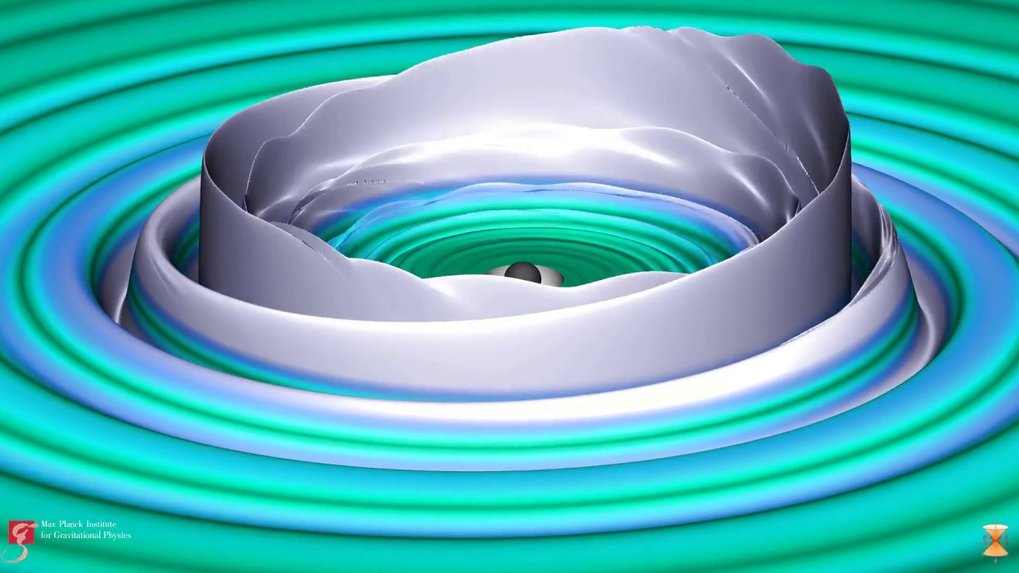 Der Film zeigt die Verschmelzung von zwei einander umkreisenden Schwarzen Löchern, wie sie am 14. August 2017 von den Advanced LIGO- und Advanced Virgo-Observatorien gemessen wurde.