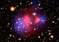 Looking at dark matter: this photo is a montage of several images and shows the colliding galaxy clusters collectively known as the “Bullet Cluster” (1E 0657-56). The galaxies visible in optical light in the background image are overlaid with X-rays from the intergalactic gas clouds (pink), as well as the mass distribution calculated from gravitational lensing effects and therefore – indirectly – the dark matter (blue).