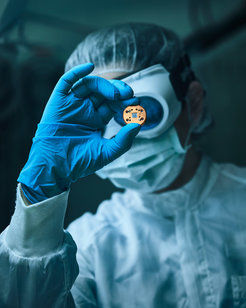 Der Mikro-Oszillator-Spiegel befindet sich in der Mitte der Scheibe, die in diesem Bild in der Hand gehalten wird.