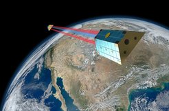 GRACE Follow-On is a tandem of two satellites, circling the Earth separated by 220 kilometers in the same orbit 490 kilometers above ground. It measures inter-satellite distances with microwaves (blue) and a new laser interferometer (red).
