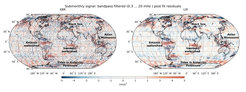 The laser instrument (LRI) on board GRACE Follow-On maps short-term changes in Earth's gravity field (right), which were hidden in the background noise of the microwave instrument's gravity field maps (left), published every month. The maps show on a color scale short-term local variations in the gravitational acceleration in January 2019. On example is the monsoon in Asia. The laser-based map (right) is much less noisy.