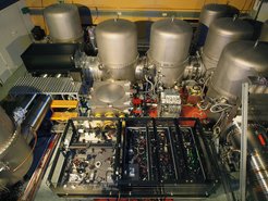 Inside the central building of the gravitational-wave detector GEO600. The unique squeezed-light source can be seen in the middle at the bottom of the picture.