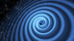This illustration shows the merger of two black holes and the gravitational waves that ripple outward as the black holes spiral toward each other.