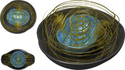 The image shows the possible structure of the merged neutron star formed in GW170817 before it collapses to a black hole. The two solid surfaces show where the mass density assumes specific values, which are chosen to highlight the non-spherical distribution of mass the dense core (blue) and the less dense outer layers (black). The golden “wires” show the slowly-changing pattern of the matter flow. This flow pattern and the shape of the mass distribution are also rotating as a whole. Fast oscillations of the remnant have been removed by averaging in time, in order to focus on the slowly changing structure.