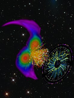 Artist's impression combining a numerical-relativity simulation of a binary neutron star merger with a detection picture of the particles created in an gold-ion collision. The neutron star merger mimics the properties of the gravitational-wave signal GW170817 with two non-spinning neutron stars and a chirp mass of 1.188 solar masses. The gold-ion collision with a relativistic kinetic energy of 1.5 GeV per nucleon is shown by the detection picture of such an event in the FOPI detector at GSI.