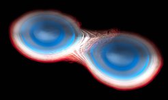 Simulation of two merging neutron stars, each with a mass of 1.35 solar masses. From red to blue, increasing densities are shown.