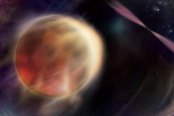 An orbiting star begins to eclipse its partner, a rapidly rotating, superdense stellar remnant called a pulsar, in this illustration. The pulsar emits multiwavelength beams of light that rotate in and out of view and produces outflows that heat the star’s facing side, blowing away material and eroding its partner.